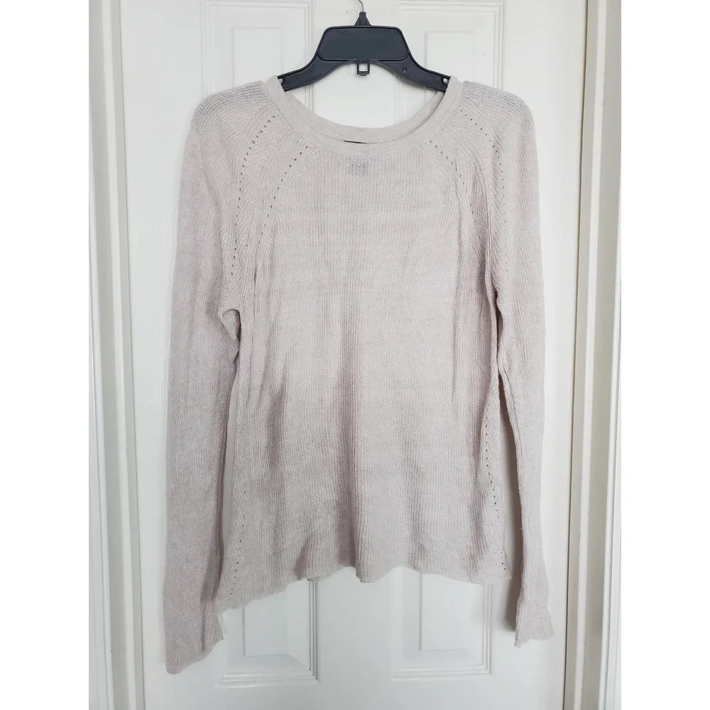 Tahari Sweater Beige Linen Blend‎ Pointelle Knit Long Sleeve Casual Neutral Med